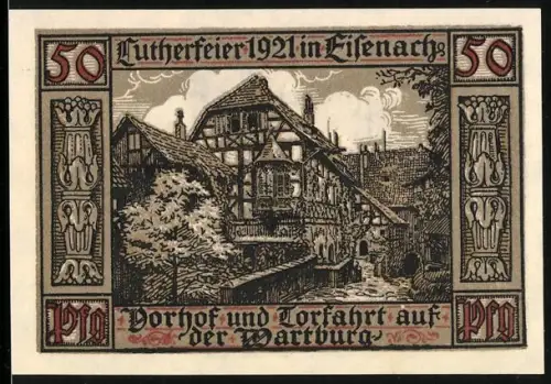 Notgeld Eisenach 1921, 50 Pfennig, Vorhof und Torfahrt auf der Wartburg, Wartburgstadt mit Wappen