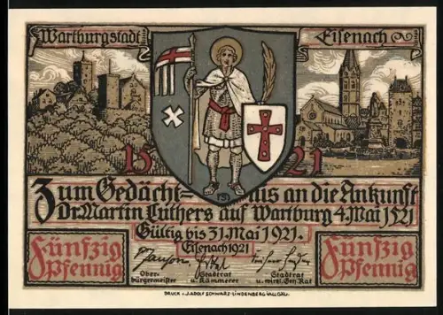 Notgeld Eisenach 1921, 50 Pfennig, Lutherankunft mit Wappen und Figuren in historischer Szene
