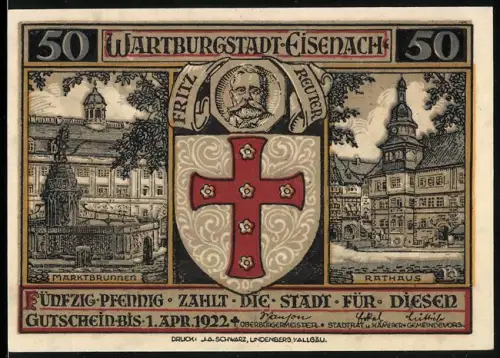 Notgeld Eisenach 1922, 50 Pfennig, Marktbrunnen und Rathaus, Schutzpatron mit Kreuz und Drache