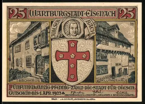 Notgeld Eisenach 1922, 25 Pfennig, Bachhaus, Lutherhaus und Ritter mit Schild