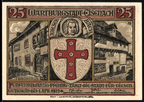 Notgeld Eisenach 1922, 25 Pfennig, Bachhaus, Lutherhaus, Minnesänger mit Harfe, Wappen mit Kreuz