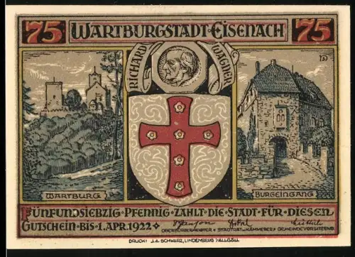 Notgeld Eisenach 1922, 75 Pfennig, Wartburg, Burgeingang, Junker Jörg mit Schwert und Buch