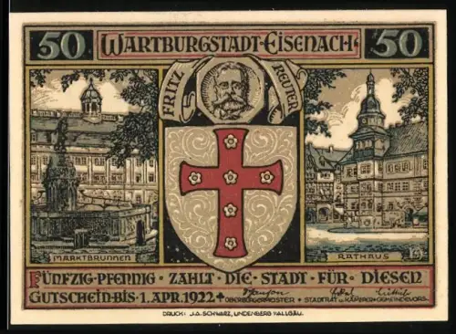 Notgeld Eisenach 1922, 50 Pfennig, Marktbrunnen, Rathaus, Heilige Elisabeth, Fritz Reuter, Wappen