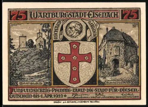 Notgeld Eisenach 1922, 75 Pfennig, Wartburg, Richard Wagner, Minnesänger, Wappen mit Kreuz