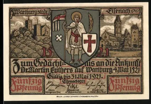 Notgeld Eisenach 1921, 50 Pfennig, Ortsansicht und Wappen mit Heiliger