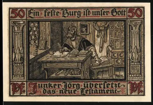 Notgeld Eisenach 1921, 50 Pfennig, Luther übersetzt Neues Testament, Ankunft auf Wartburg 1521, Wappen