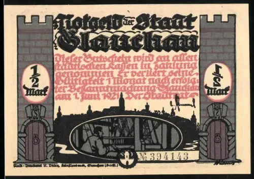 Notgeld Glauchau 1921, 1/2 Mark, Silhouetten von Figuren und Ortsansicht im Hintergrund
