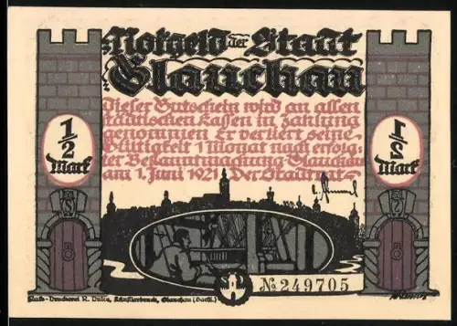 Notgeld Glauchau 1921, 1/2 Mark, Ortsansicht und Scherenschnitt zweier Figuren mit Turm im Hintergrund