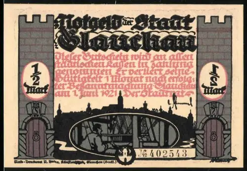 Notgeld Glauchau 1921, 1/2 Mark, Ortsansicht und Schattenszene mit Figuren und Sonnensymbolik