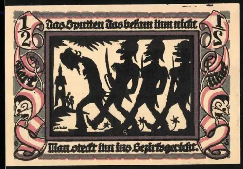 Notgeld Glauchau 1921, 1/2 Mark, Schattenriss von Soldaten und Stadttor mit Brücke