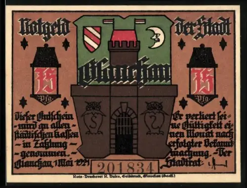 Notgeld Glauchau 1921, 75 Pfennig, Stadttor und Silhouette einer Versammlung