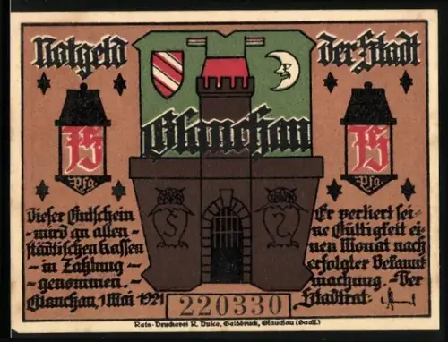 Notgeld Glauchau 1921, 25 Pfennig, Stadttor und Silhouetten von Personen mit Hund
