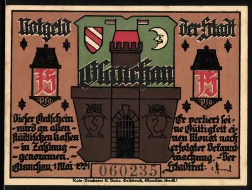 Notgeld Glauchau 1921, 75 Pfennig, Stadttor und Scherenschnitt-Szene mit Figuren