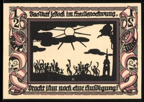 Notgeld Glauchau 1921, 1/2 Mark, Menschenmenge jubelt unter Sonne und Wolken, Ortsansicht mit Burgmauern