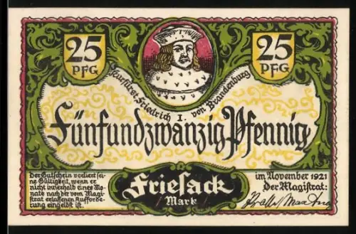 Notgeld Friesack /Mark 1921, 25 Pfennig, Friedrich I. von Brandenburg und Schiller-Park