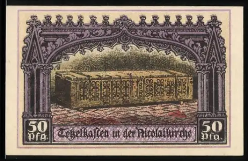 Notgeld Jüterbog 1921, 50 Pfennig, Nikolaikirche und Sarkophag-Motiv