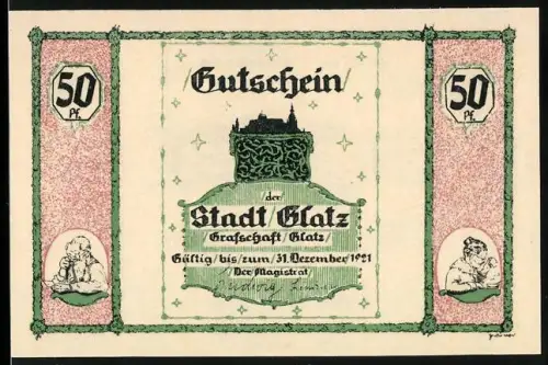 Notgeld Glatz 1921, 50 Pfennig, Geschnitztes Schloss und Glatzer Volksliedlein
