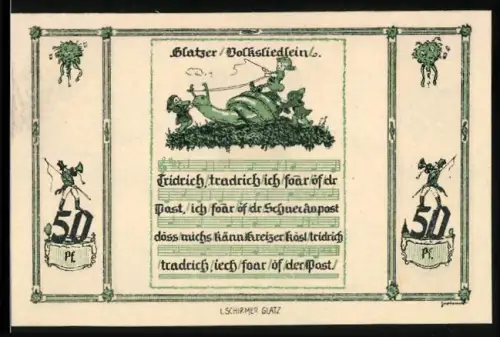 Notgeld Glatz 1921, 50 Pf, Burgruine und Volksliedlein-Motiv