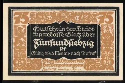Notgeld Glatz 1921, 75 Pfennig, 100 Jahre Sparkasse, stilisierte Figuren und Wappen