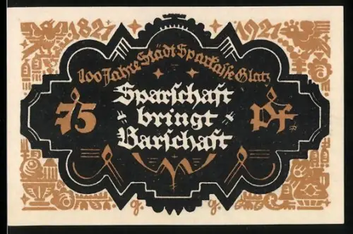 Notgeld Glatz 1921, 75 Pf, Schriftzug Sparsamkeit bringt Barheit und tanzendes Paar mit Sense und Korngarbe