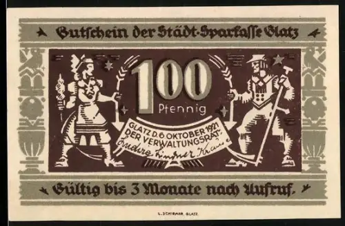 Notgeld Glatz 1921, 100 Pfennig, Paar in Tracht und Jubiläumsinschrift