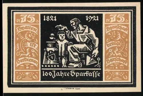 Notgeld Glatz 1921, 75 Pfennig, 100 Jahre Sparkasse, Handwerker und Löwenmotive