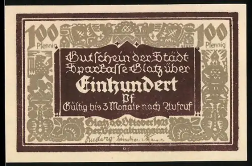 Notgeld Glatz 1921, 100 Pfennig, 100 Jahre Sparkasse, mythologische Figuren