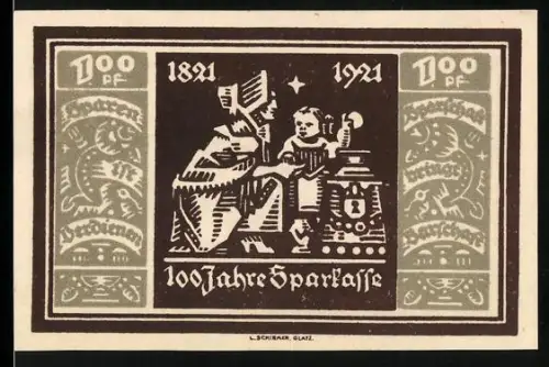 Notgeld Glatz 1921, 100 Pf, 100 Jahre Sparkasse, Stadtwappen mit Löwen
