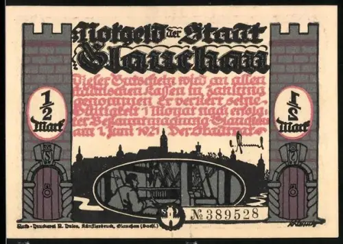 Notgeld Glauchau 1921, 1/2 Mark, Stadtsilhouette und Schattenspiel von marschierenden Figuren