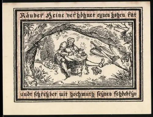 Notgeld Pritzwalk 1922, 50 Pfennig, Räuber in der Höhle und zwei Wappen