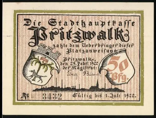 Notgeld Pritzwalk 1922, 50 Pfennig, Wappen und Ritter im Wald