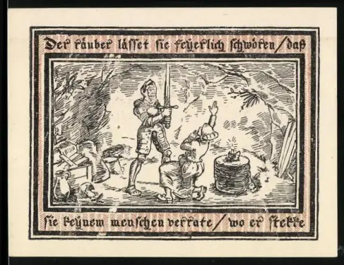 Notgeld Pritzwalk 1922, 1 Mark, Räuberszene und Wappen mit Baum und Hirsch