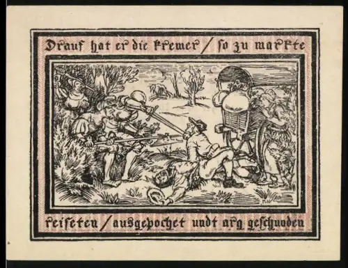 Notgeld Pritzwalk 1922, 75 Pfennig, Wappen und Konfliktszene mit Reisenden und Angreifern