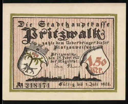 Notgeld Pritzwalk 1922, 1.50 Mk, Wappen und historische Ofenszene