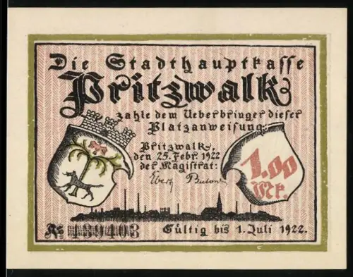 Notgeld Pritzwalk 1922, 1 Mark, Wappen mit Hirsch und Szene mit gefangener Magd