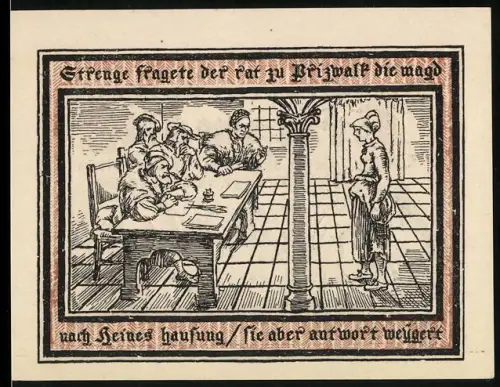 Notgeld Pritzwalk 1922, 1,50 Mark, Stadtwappen und historische Szene einer Befragung