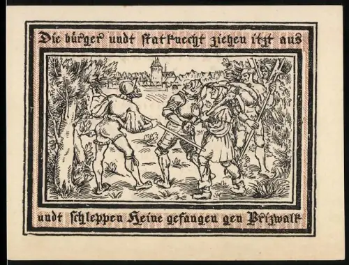 Notgeld Pritzwalk 1922, 2 Mark, Bürger verhaften Heine, Stadtwappen mit Hirsch und Baum