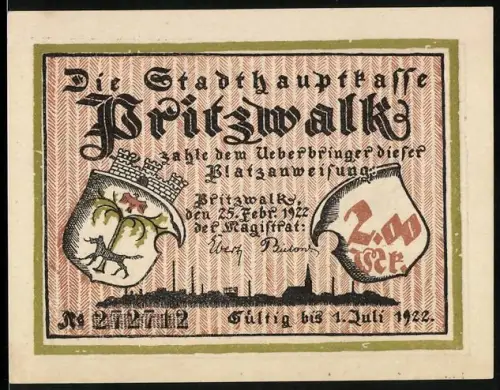 Notgeld Pritzwalk 1922, 2 Mark, Stadtwappen und Gerichtsszene