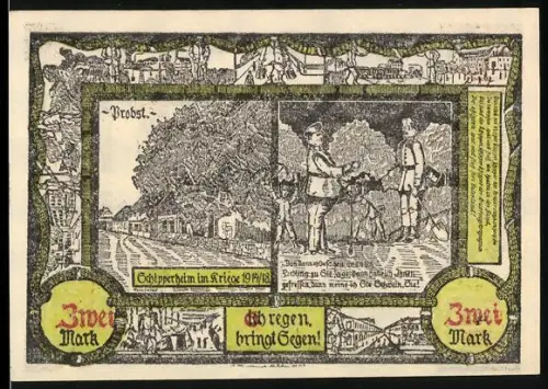 Notgeld Soldin 1921, 2 Mark, Soldaten unter einem Baum, Gebäude mit Bäumen