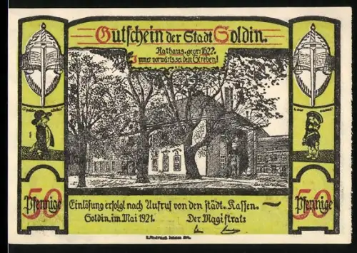 Notgeld Soldin 1921, 50 Pfennig, Rathaus und Adler mit Wappen