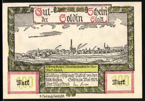 Notgeld Soldin 1921, 1 Mark, Ortspanorama und Ruine der Burg auf dem Dommelberg