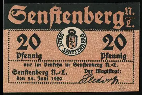 Notgeld Senftenberg /N.-L. 1920, 20 Pfennig, Bergmann mit Glück Auf und Stadtwappen