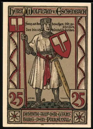Notgeld Eisenach 1922, 25 Pfennig, Wolfram von Eschenbach mit Schild und Schwert, Lutherhaus und Bachhaus