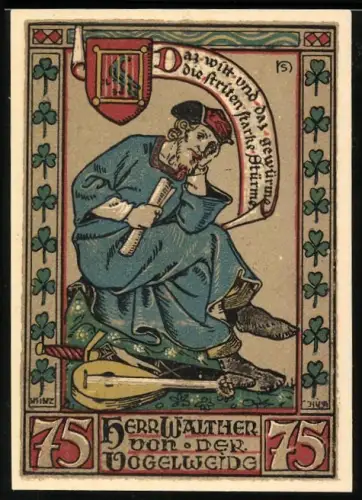 Notgeld Eisenach 1921, 75 Pfennig, Walther von der Vogelweide und Wartburgansichten, Wappen