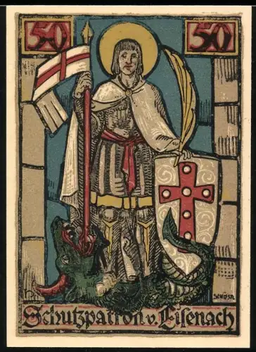 Notgeld Eisenach 1922, 50 Pfennig, Schutzpatron mit Drache und Stadtansichten