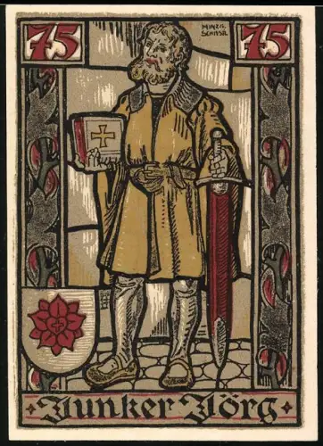Notgeld Eisenach 1921, 75 Pfennig, Junker Jörg, Burgeingang und Wappen mit Kreuz