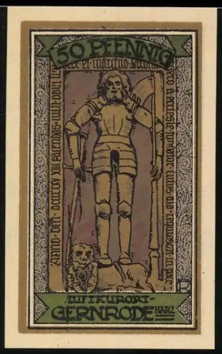Notgeld Gernrode /Harz 1921, 50 Pfennig, Ritter mit Löwe und Stadtwappen