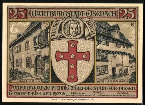 Notgeld Eisenach 1922, 25 Pfennig, Bachhaus und Lutherhaus, Minnesänger mit Harfe