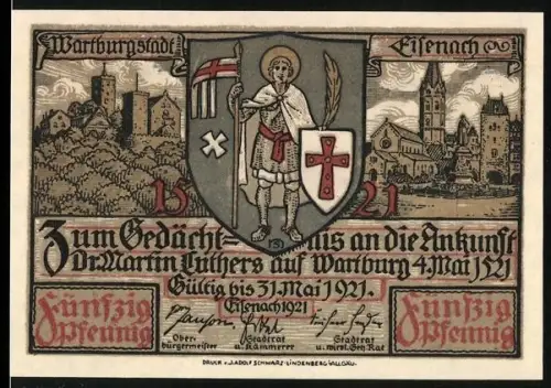 Notgeld Eisenach 1921, 50 Pfennig, Wartburg und Martin Luther Ankunft, Gruppe von Menschen in Torbogen