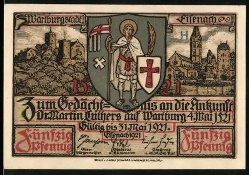 Notgeld Eisenach 1921, 50 Pfennig, Ankunft Martin Luthers auf der Wartburg, Ortsansicht und Heiligenfigur